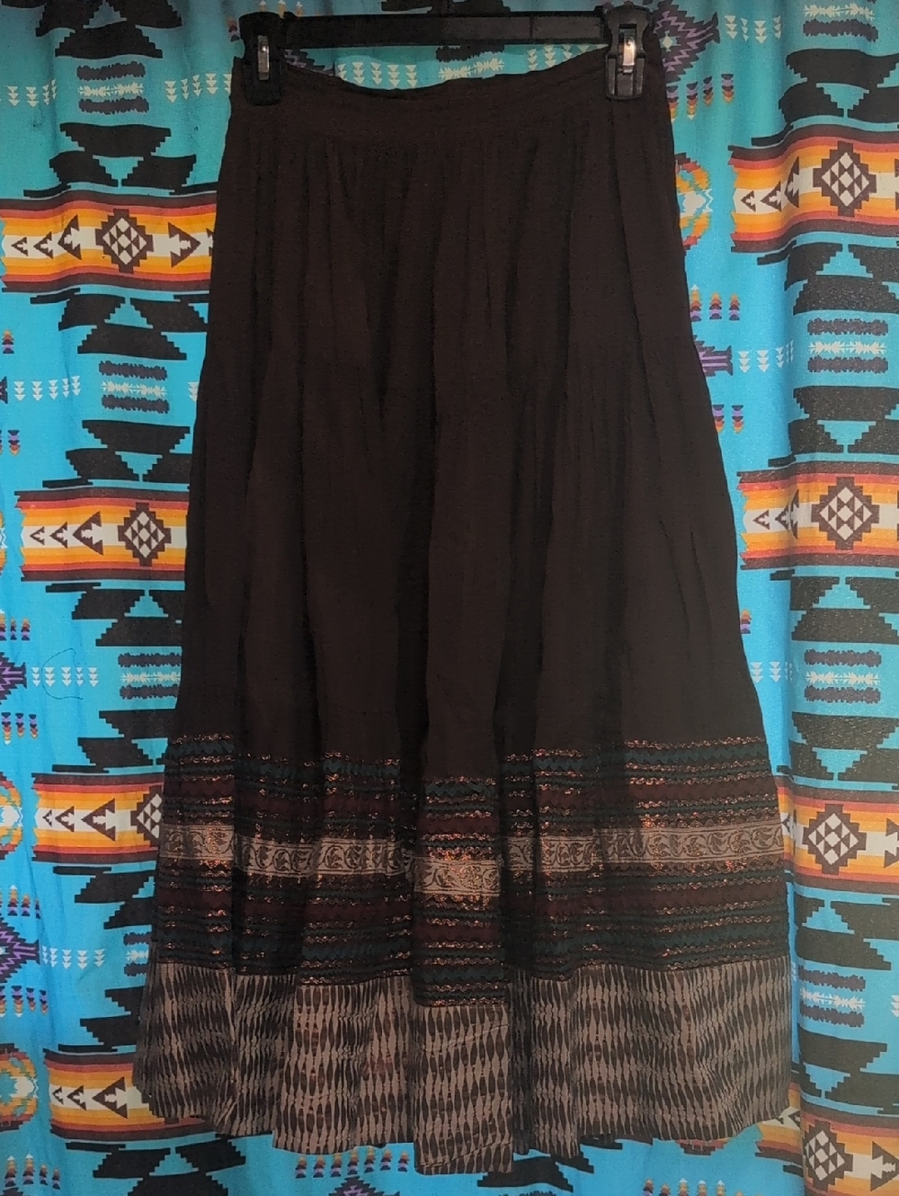 Black Tiered Boho Maxi Skirt with Patterned Hem
